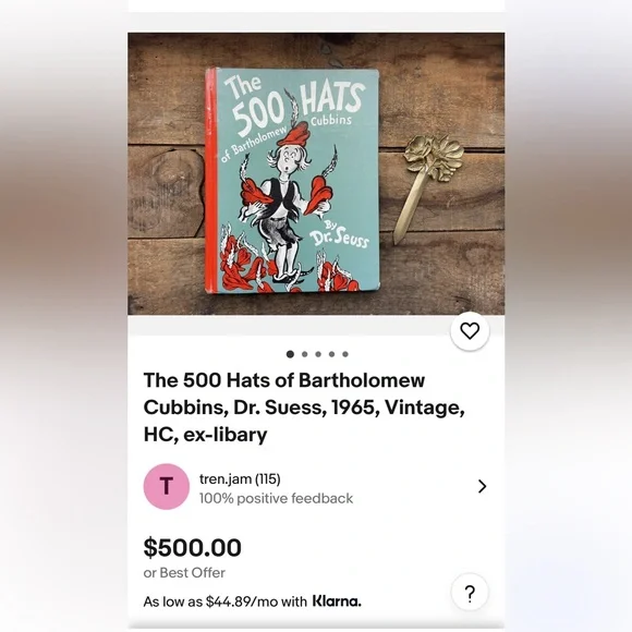 VINTAGE RARE COPY of DR. SUESS’S ‘THE 500 HATS of BARTHOLOMEW CUBBINS’ BOOK
